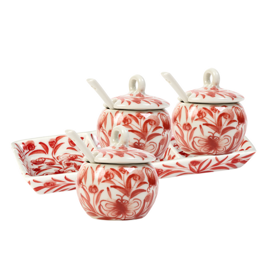 Vassoio con tre vasetti portasalse Peonia ceramica